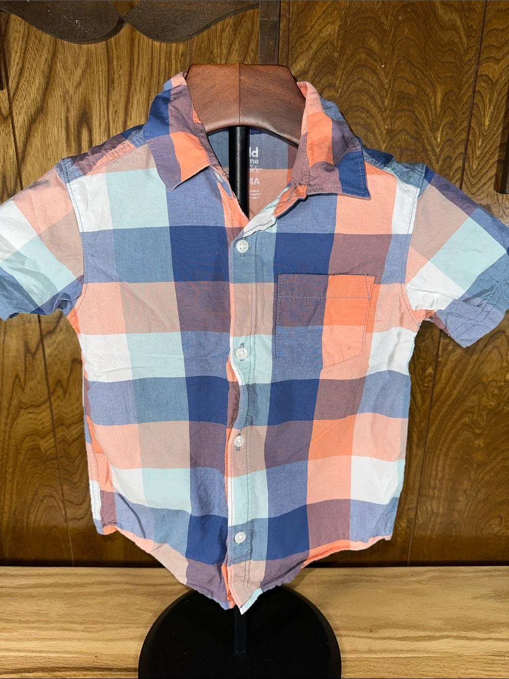 🎉Carter's Coral, Navy & Light Blue Plaid Short-Sleeve Button-Up. D327